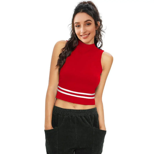Elegant Red Cotton Hosiery Striped Crop Top For Women